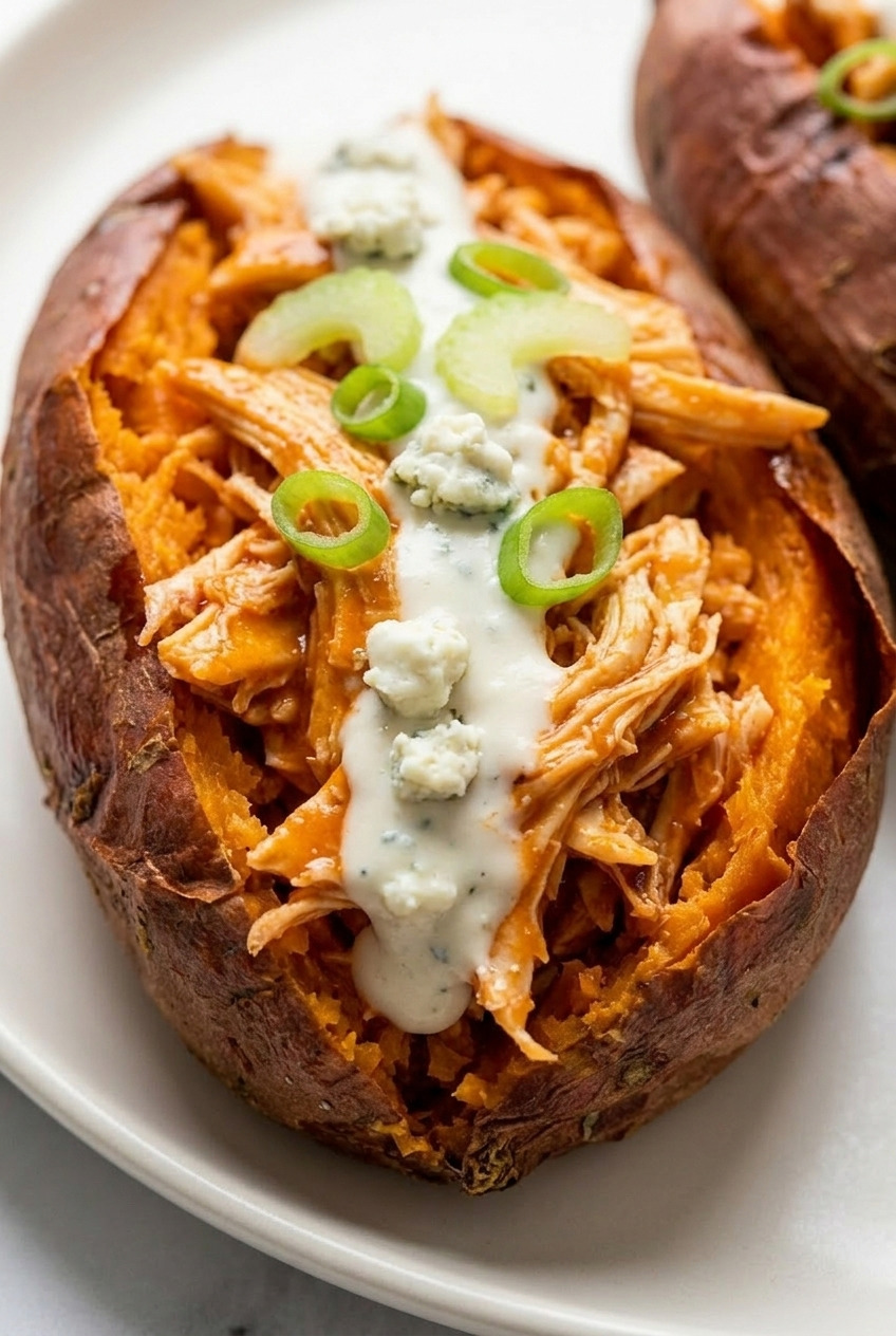 buffalo chicken stuffed sweet potatoes close up