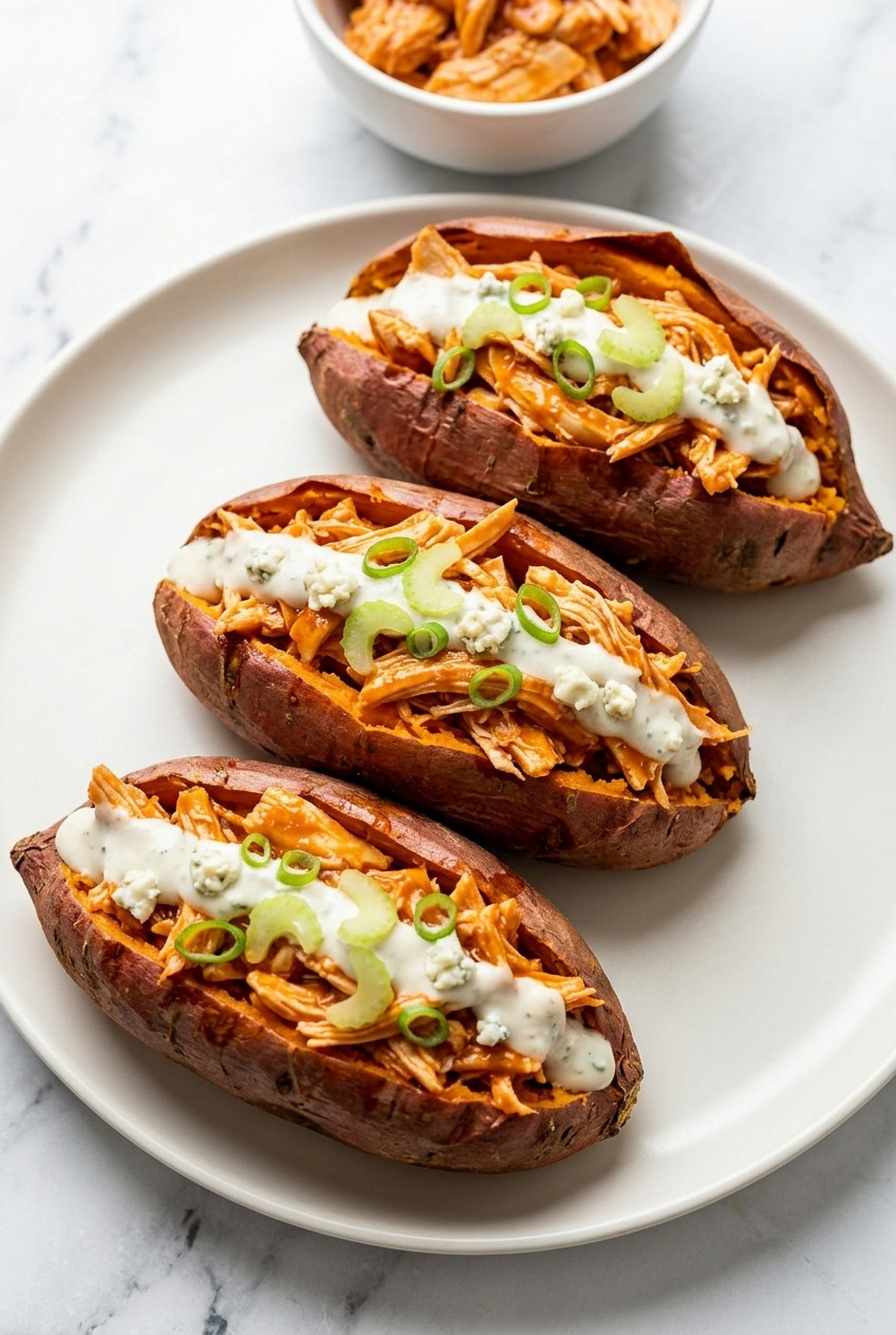 buffalo chicken stuffed sweet potatoes