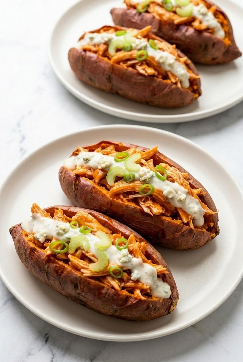 buffalo chicken stuffed sweet potatoes dinner scene