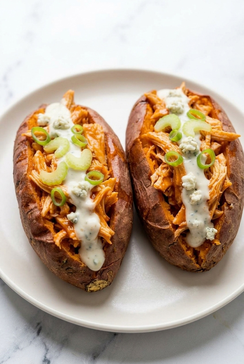 buffalo chicken stuffed sweet potatoes side view