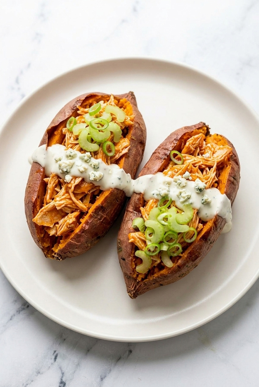 buffalo chicken stuffed sweet potatoes served