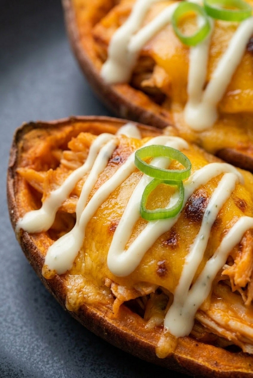 buffalo chicken sweet potato skins close up