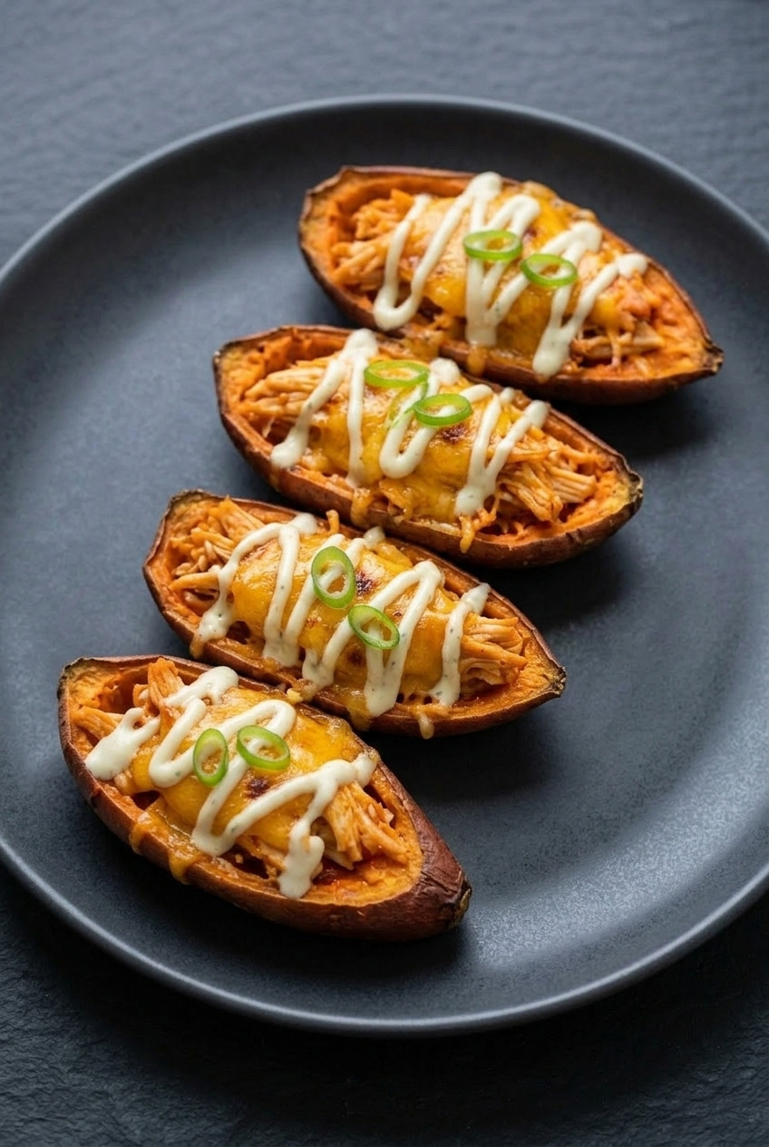 buffalo chicken sweet potato skins served