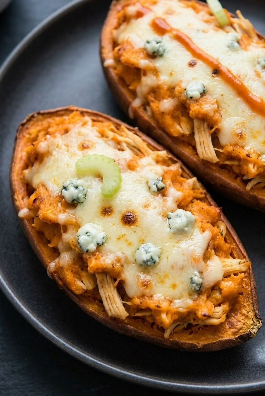 buffalo chicken twicebaked sweet potatoes close up