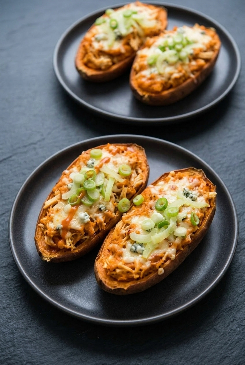 buffalo chicken twicebaked sweet potatoes dinner scene