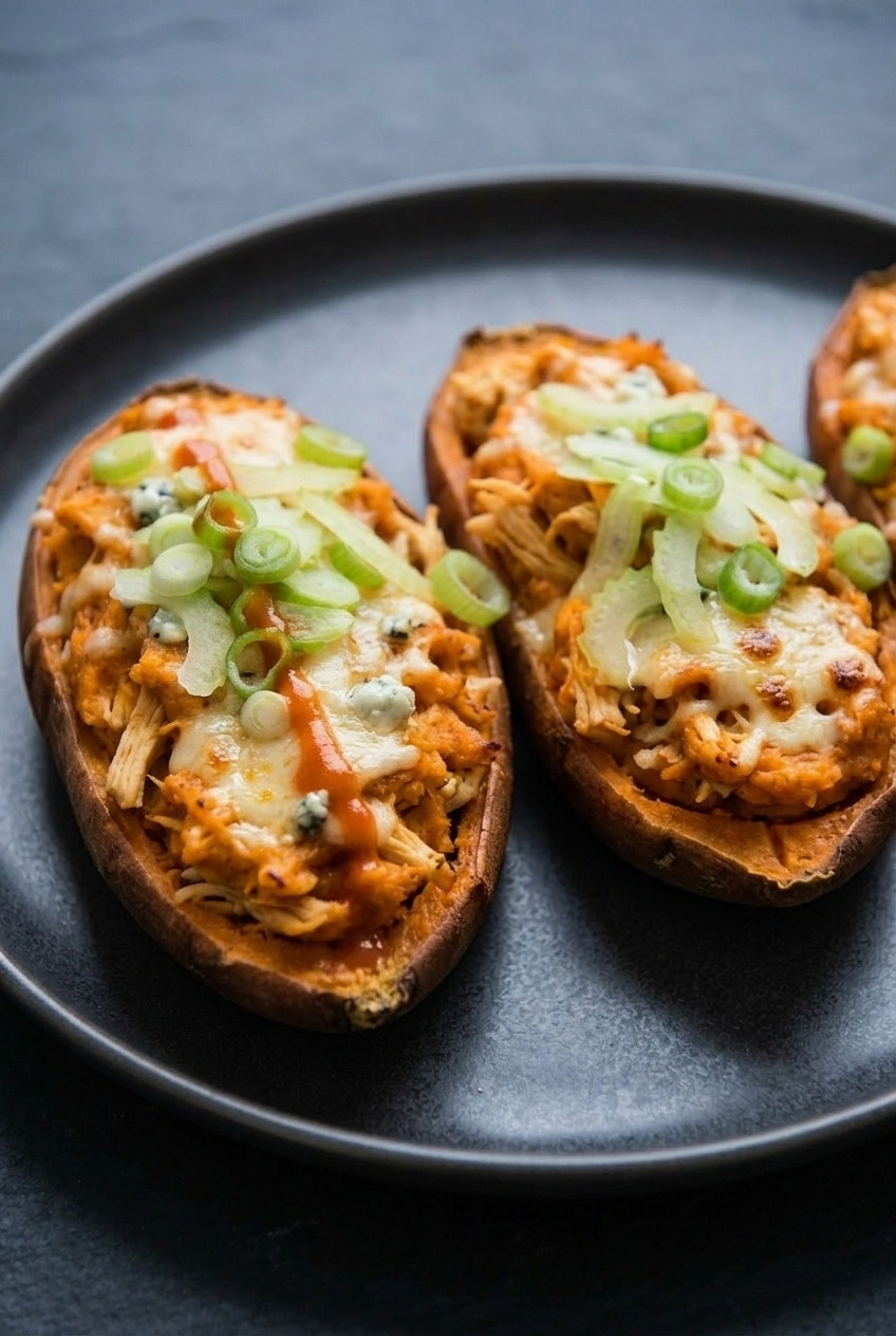 buffalo chicken twicebaked sweet potatoes side view