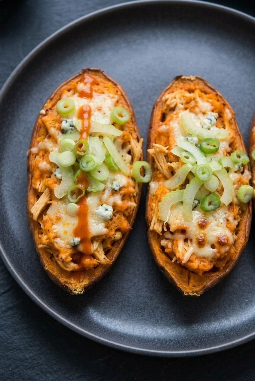 buffalo chicken twicebaked sweet potatoes served