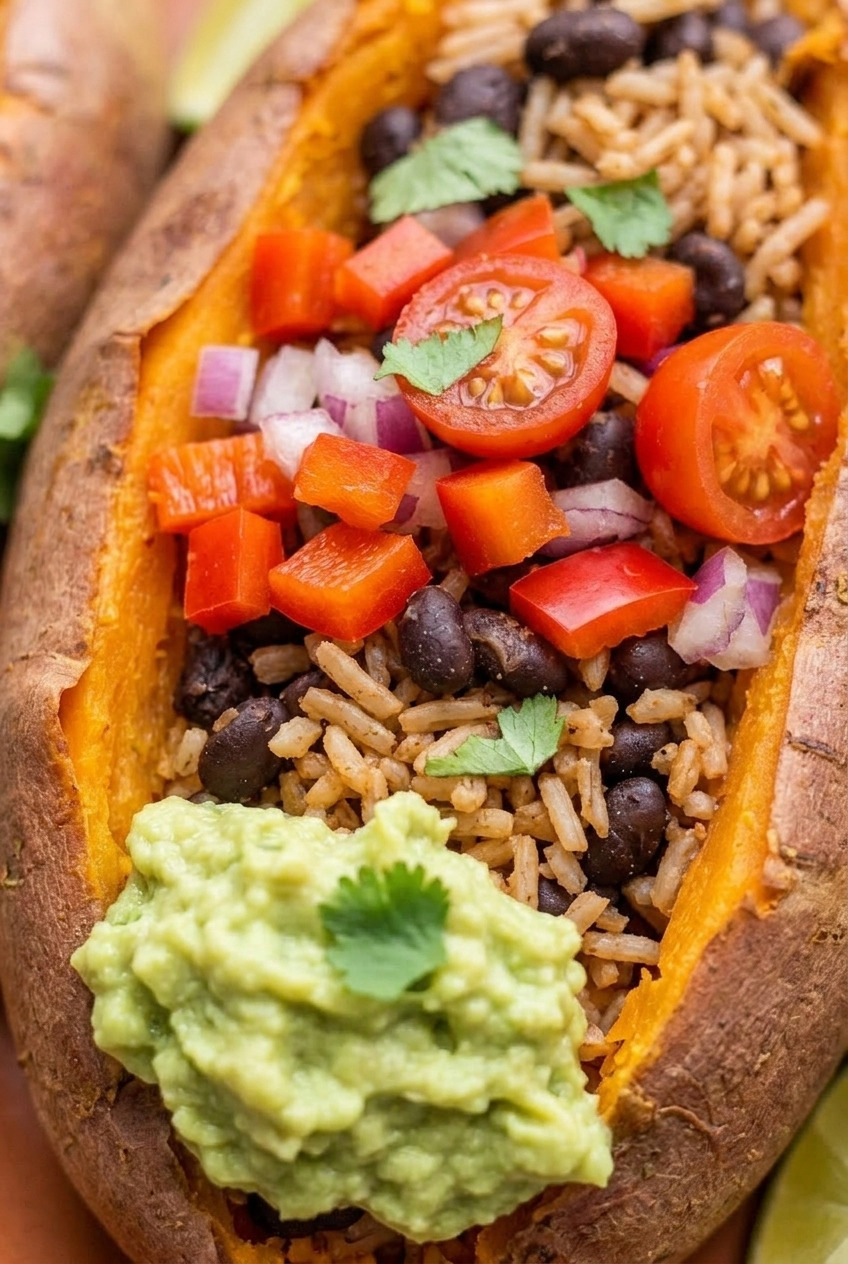 burrito stuffed sweet potatoes with rice and beans close up