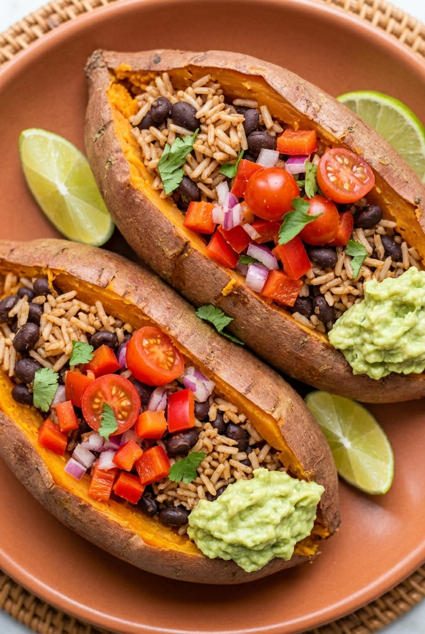 burrito stuffed sweet potatoes with rice and beans