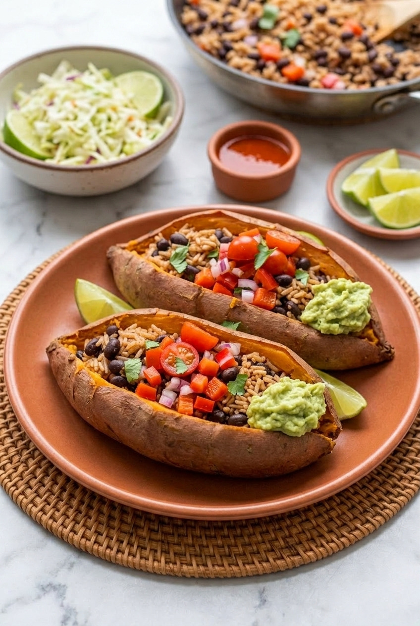 burrito stuffed sweet potatoes with rice and beans complete meal
