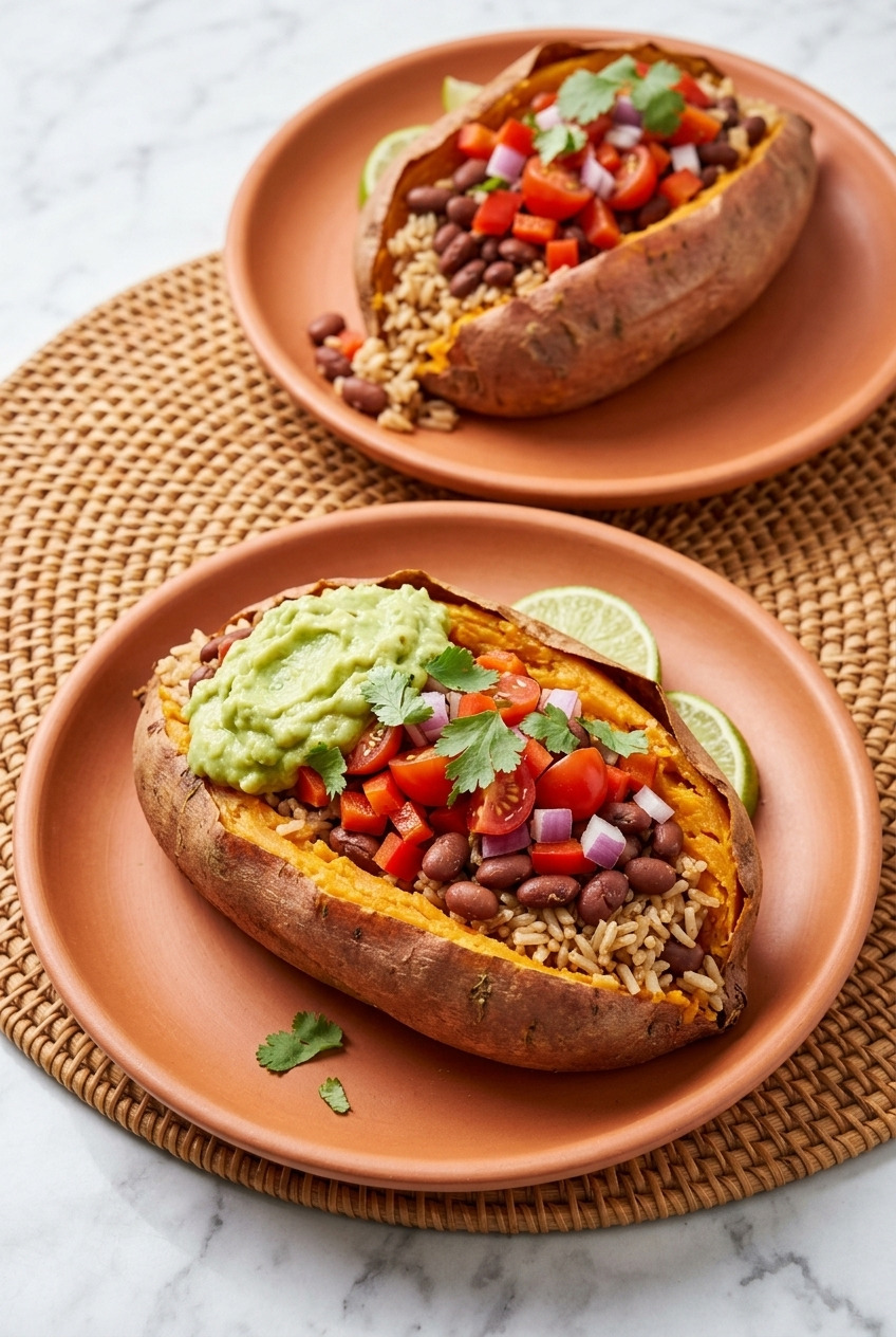 burrito stuffed sweet potatoes with rice and beans dinner scene