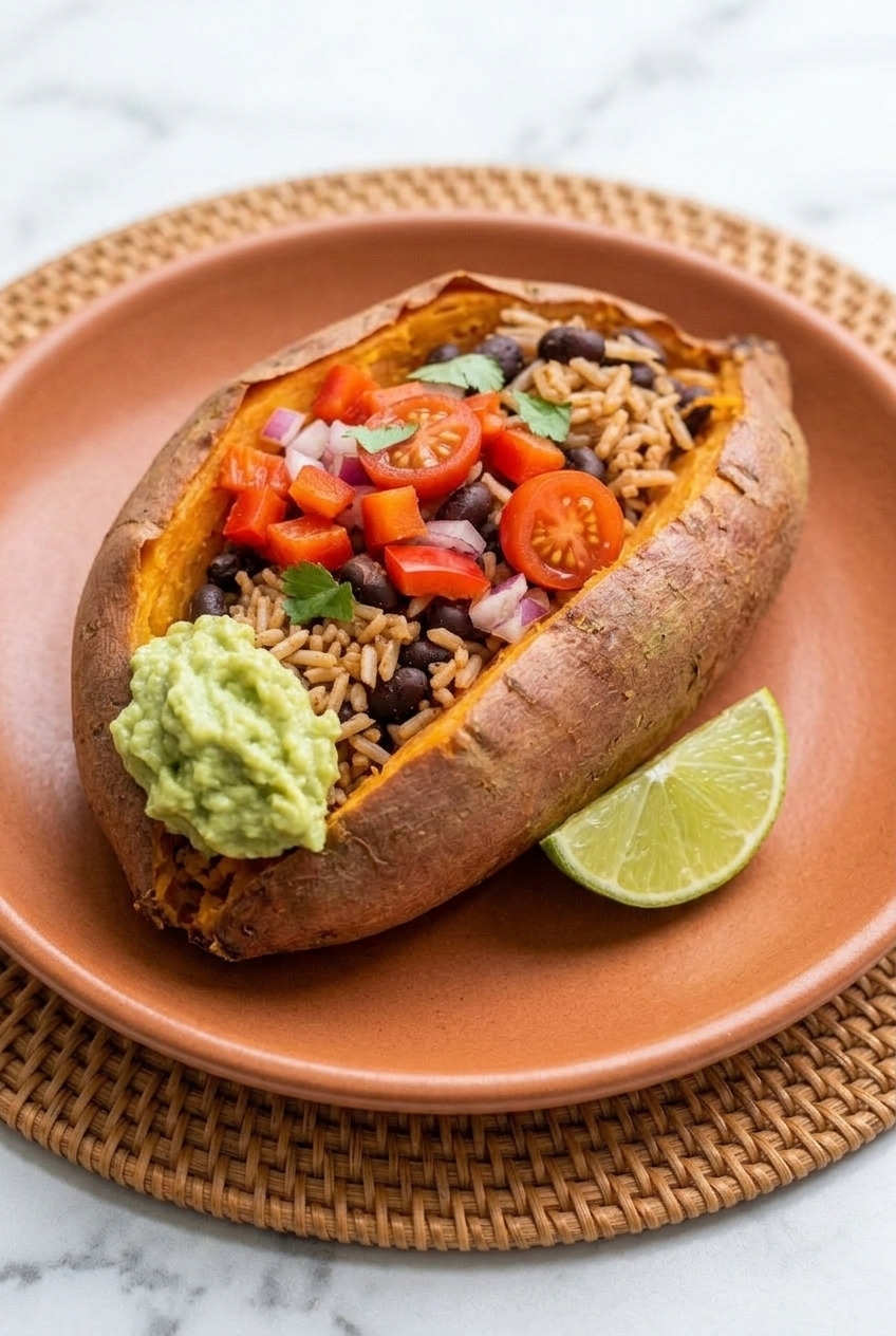 burrito stuffed sweet potatoes with rice and beans side view