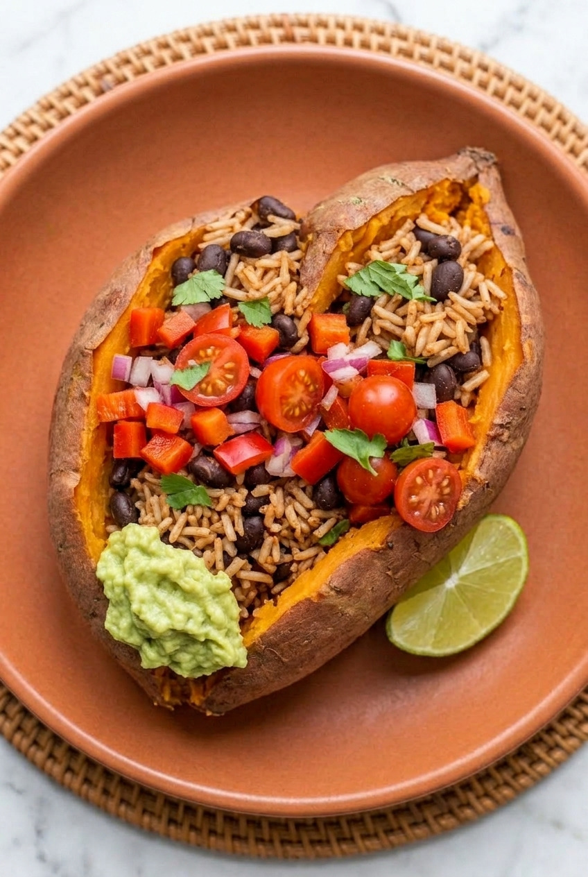 burrito stuffed sweet potatoes with rice and beans served