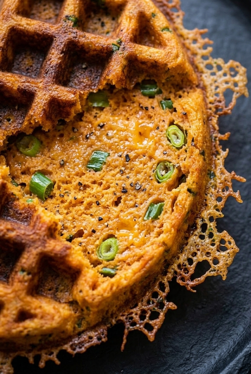 cheesy savory sweet potato waffles close up