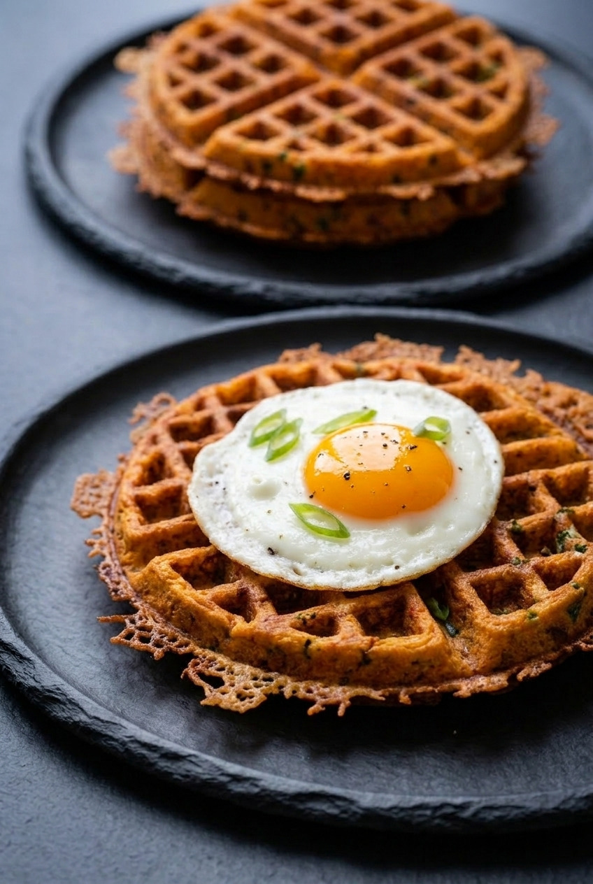 cheesy savory sweet potato waffles dinner scene