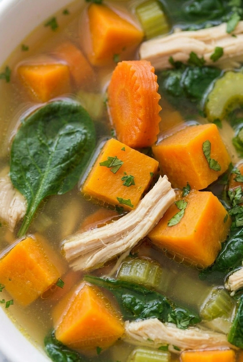 chicken and sweet potato soup close up