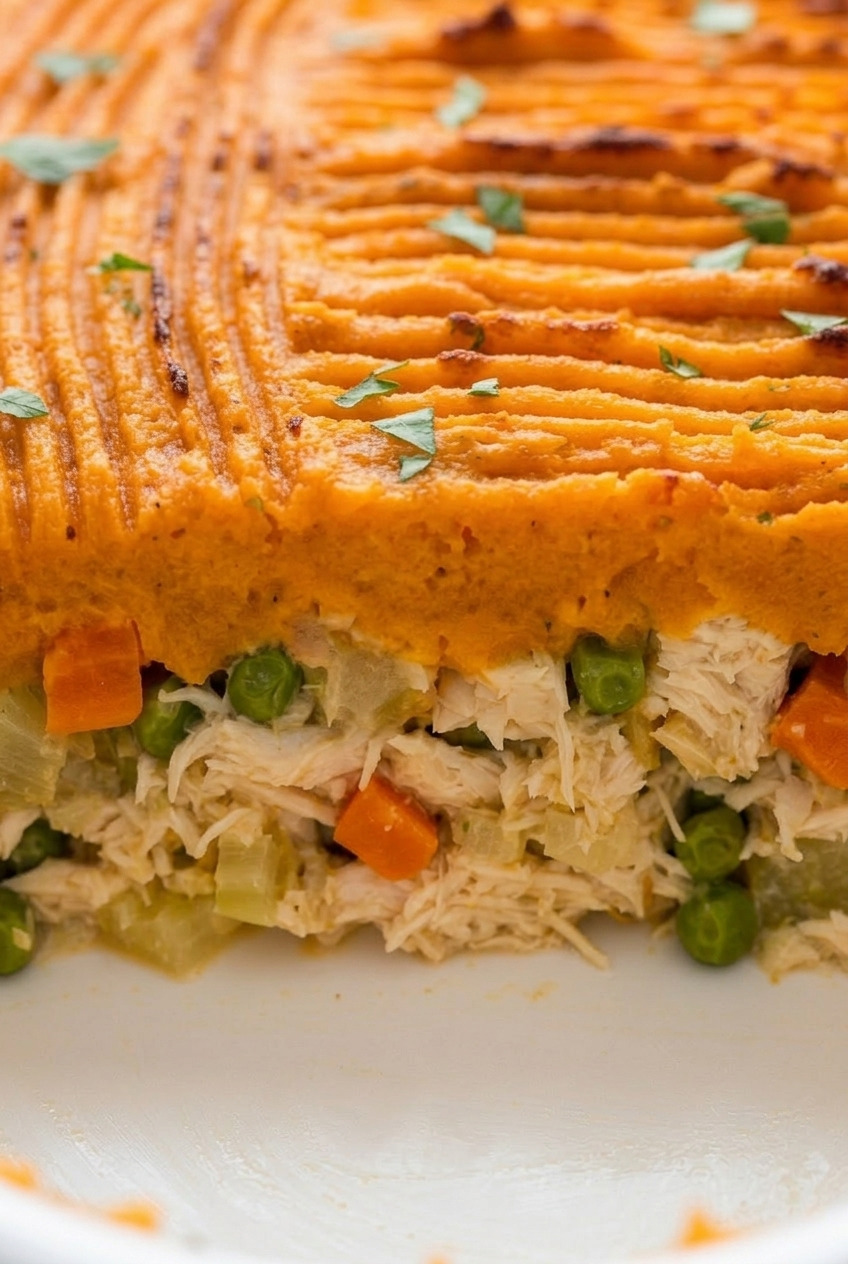 chicken pot pie with sweet potato topping close up