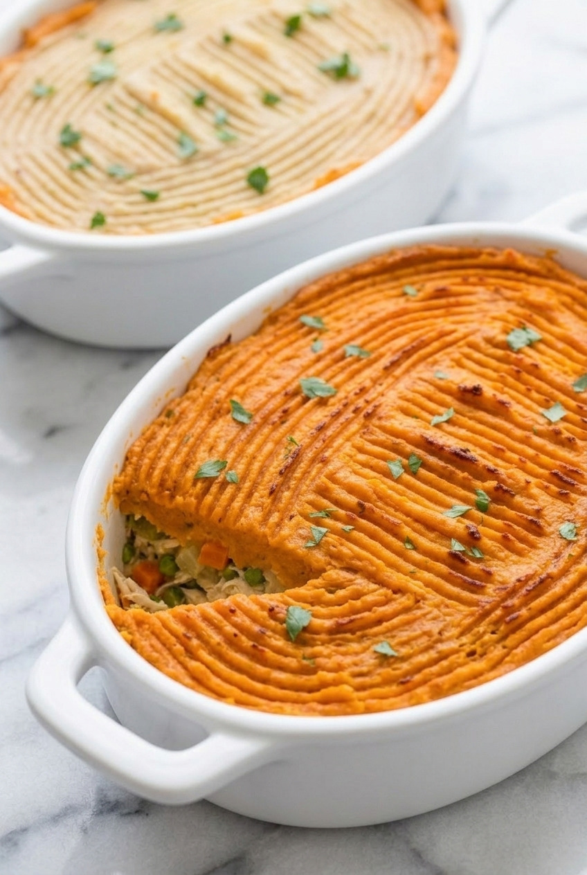 chicken pot pie with sweet potato topping dinner scene