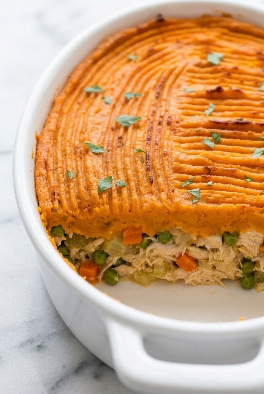 chicken pot pie with sweet potato topping side view