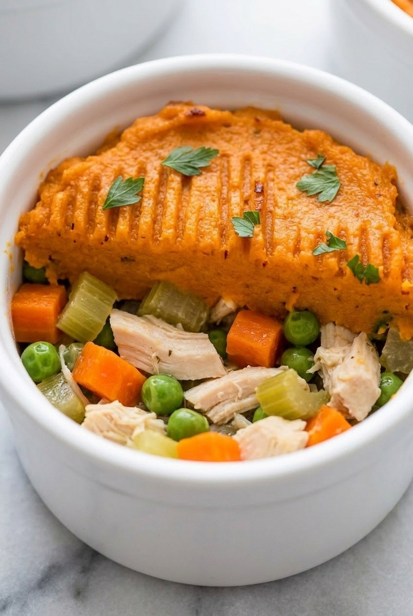 chicken pot pie with sweet potato topping served