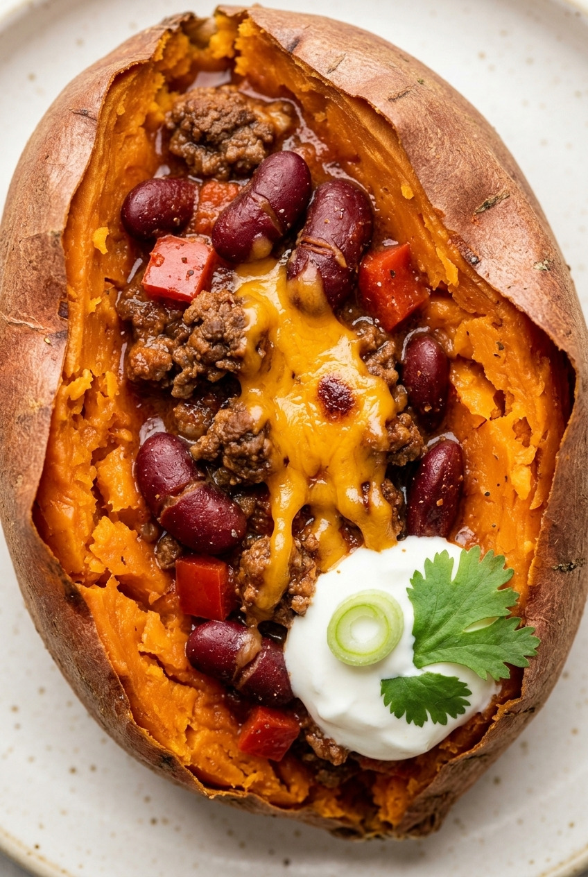 chili cheese stuffed baked sweet potatoes close up