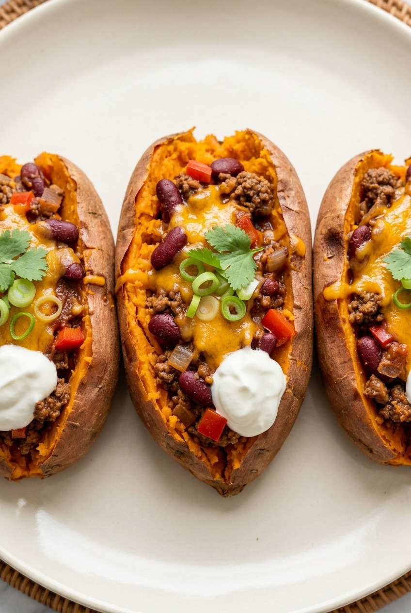 chili cheese stuffed baked sweet potatoes