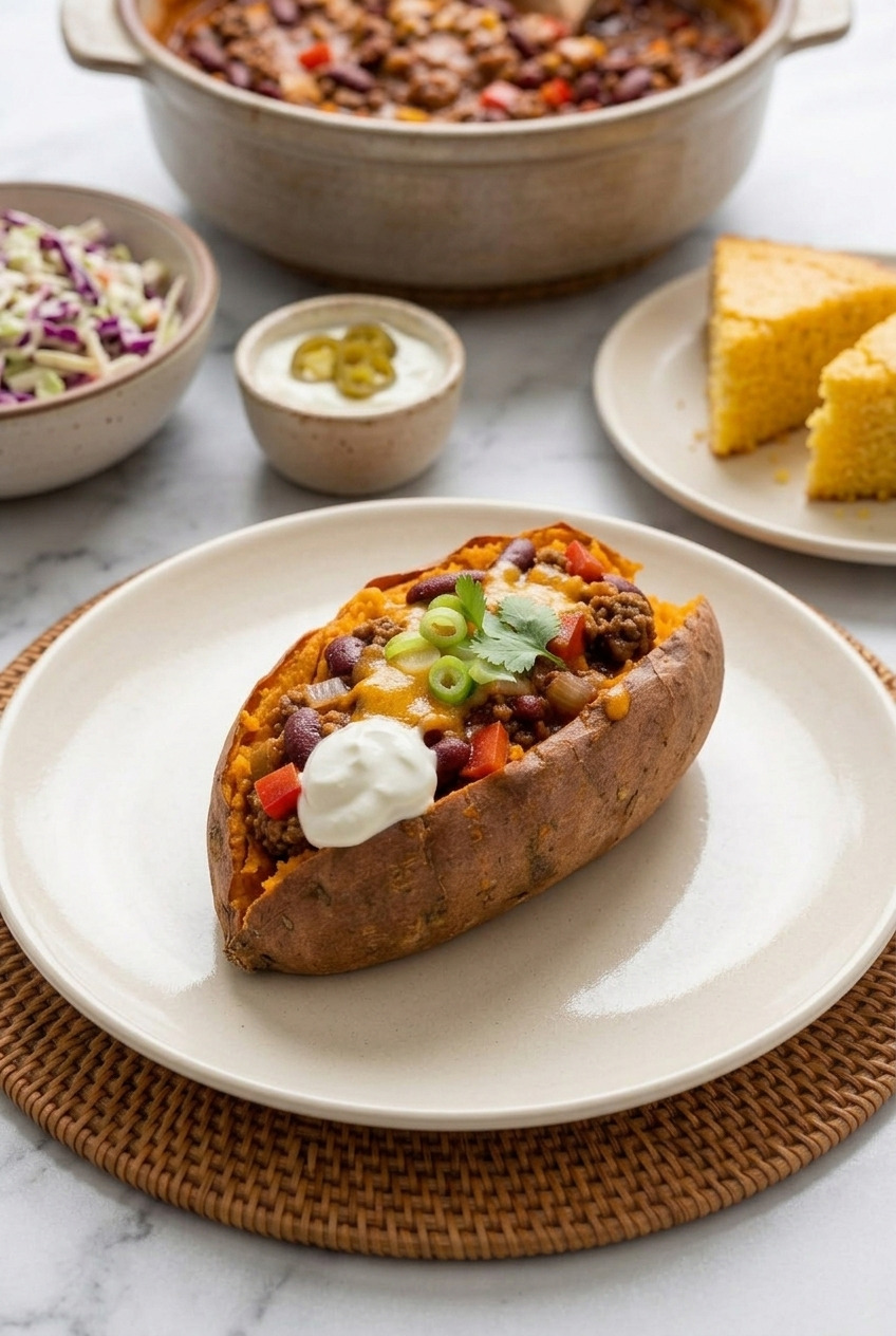 chili cheese stuffed baked sweet potatoes complete meal