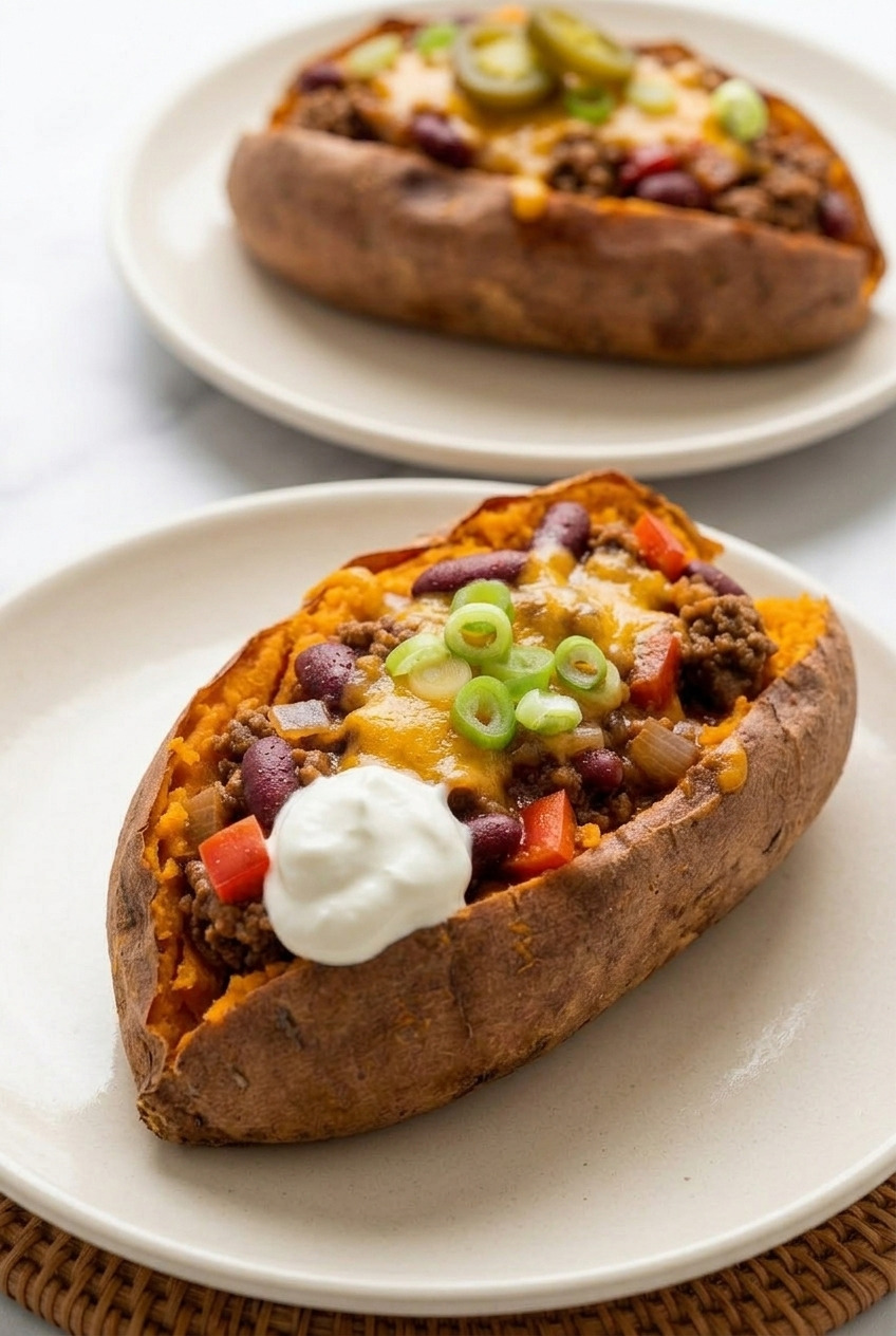 chili cheese stuffed baked sweet potatoes dinner scene