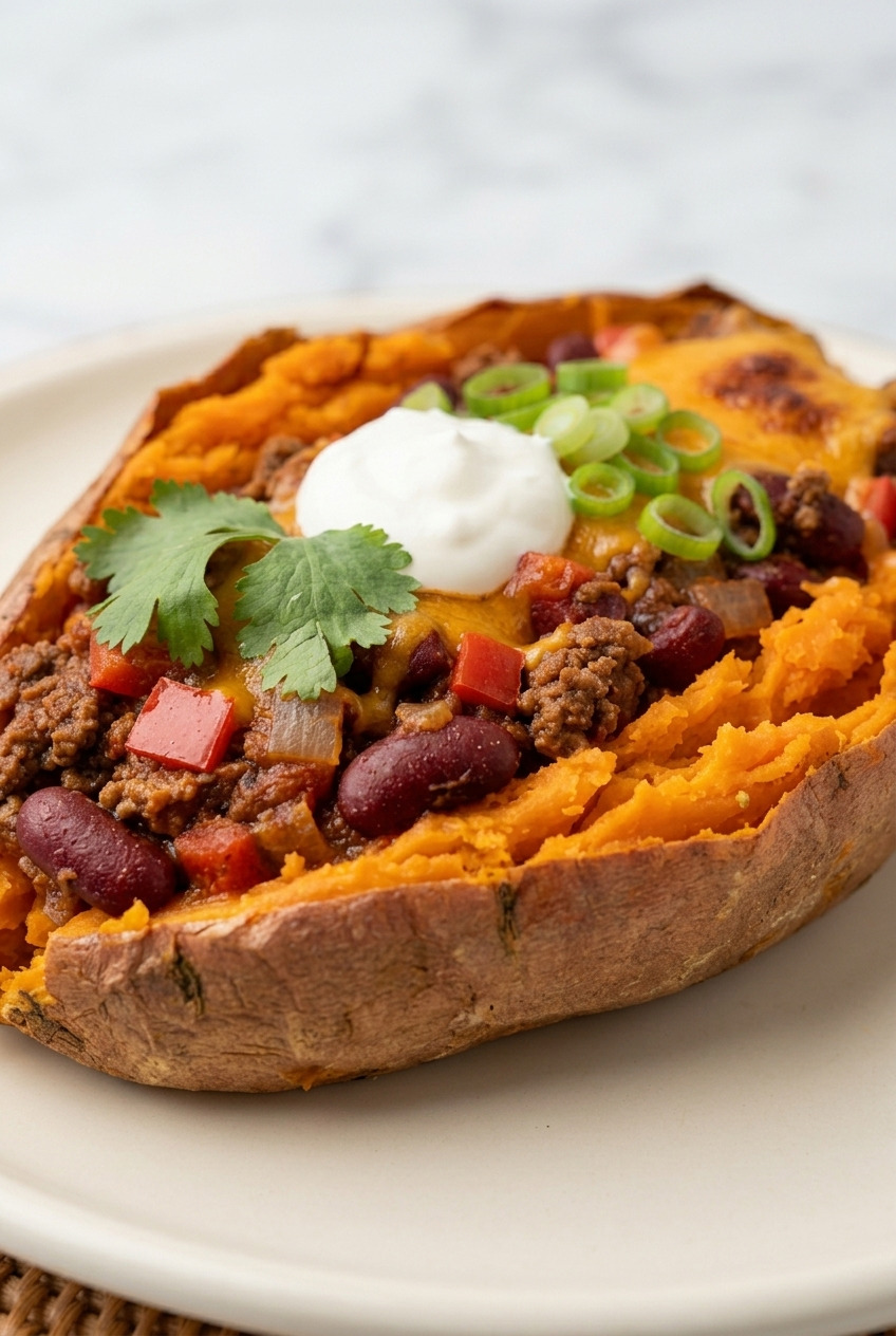chili cheese stuffed baked sweet potatoes side view