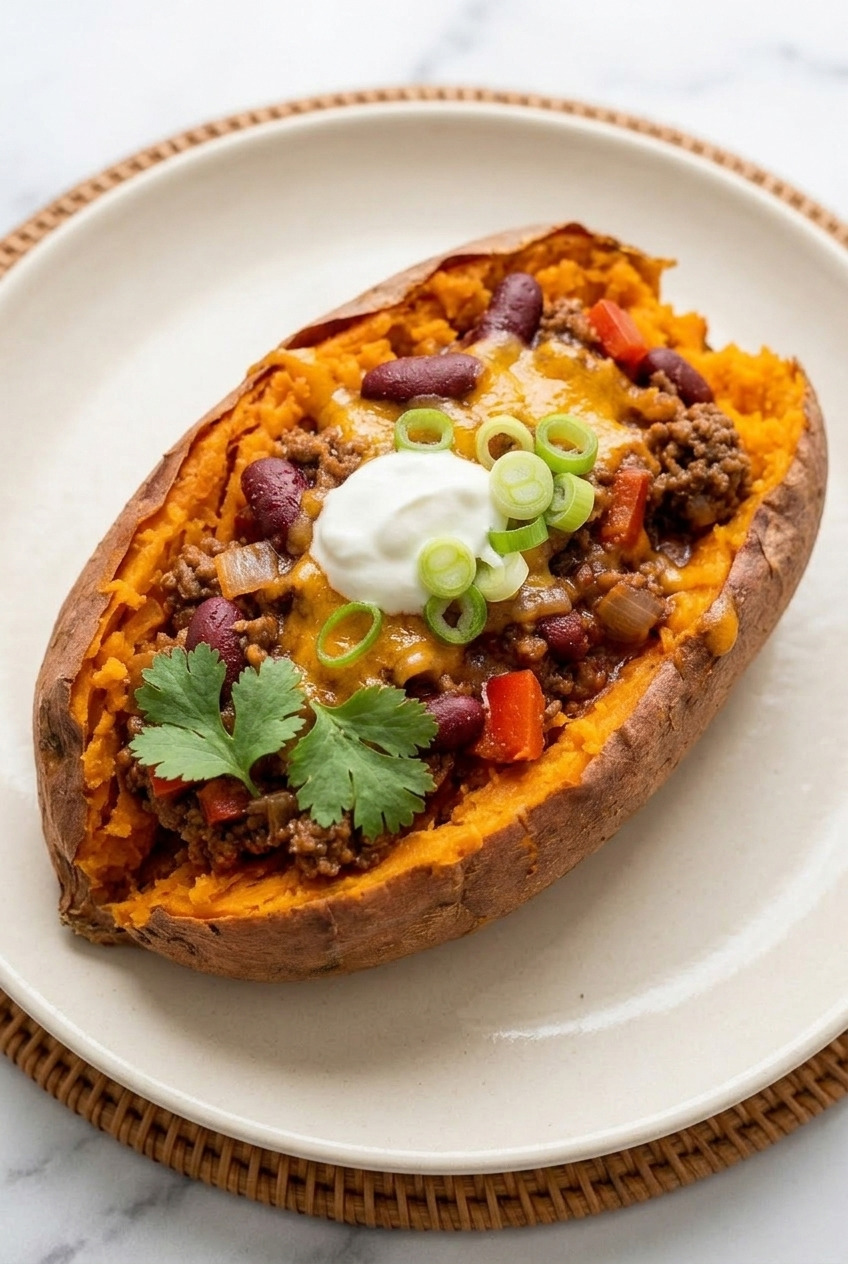 chili cheese stuffed baked sweet potatoes served