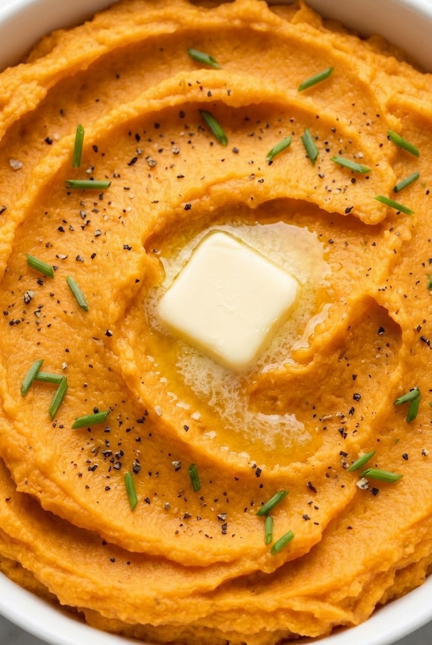 classic mashed sweet potatoes with butter and cream close up