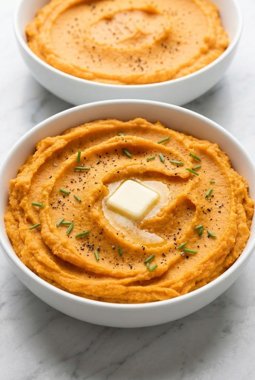 classic mashed sweet potatoes with butter and cream dinner scene