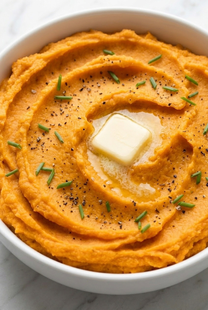 classic mashed sweet potatoes with butter and cream side view