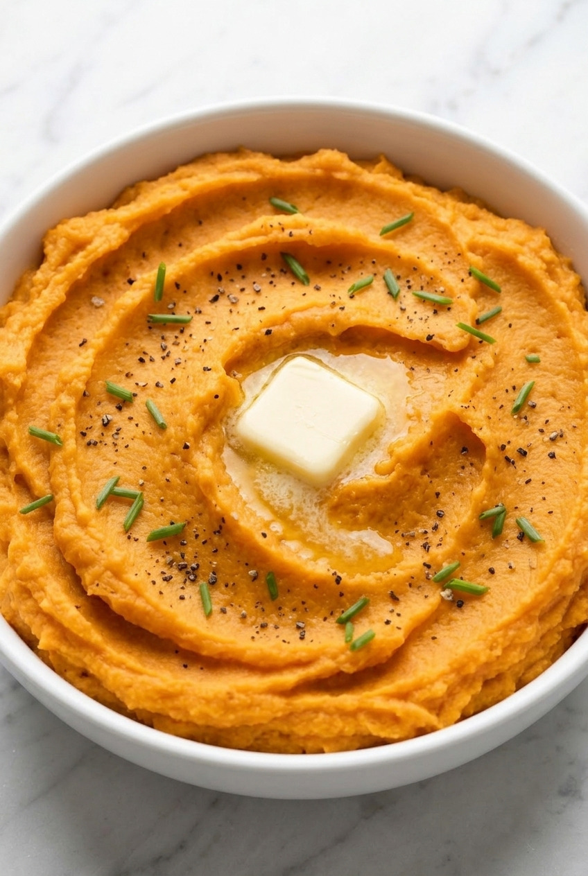classic mashed sweet potatoes with butter and cream served