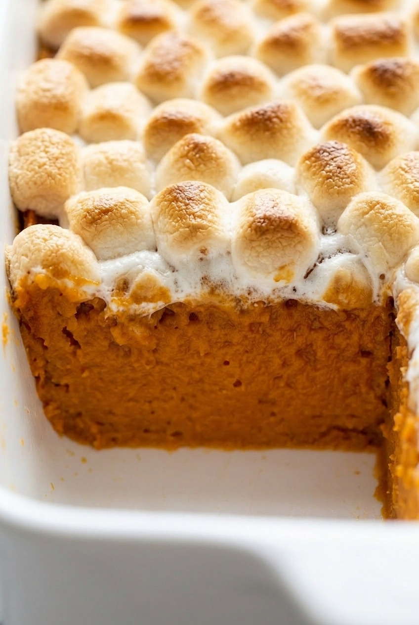 classic sweet potato casserole with marshmallow topping close up