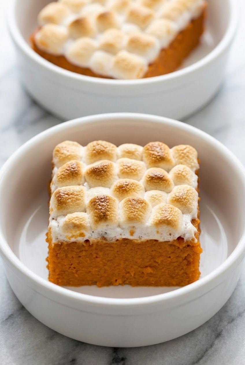 classic sweet potato casserole with marshmallow topping dinner scene