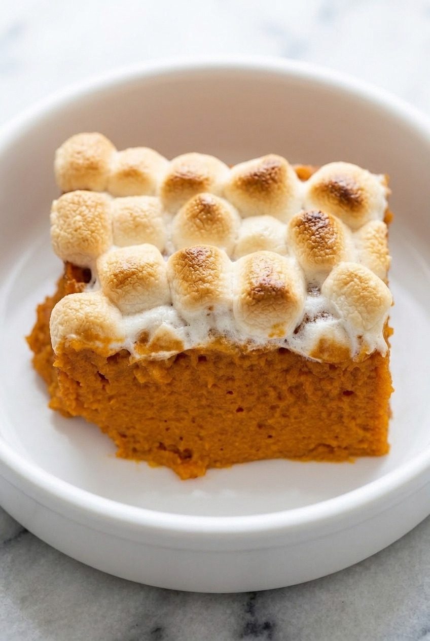 classic sweet potato casserole with marshmallow topping side view