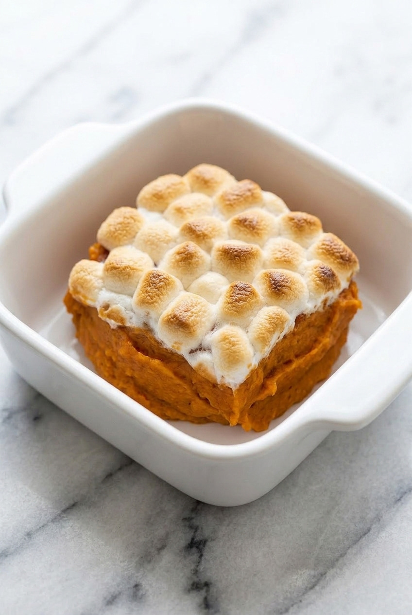 classic sweet potato casserole with marshmallow topping served