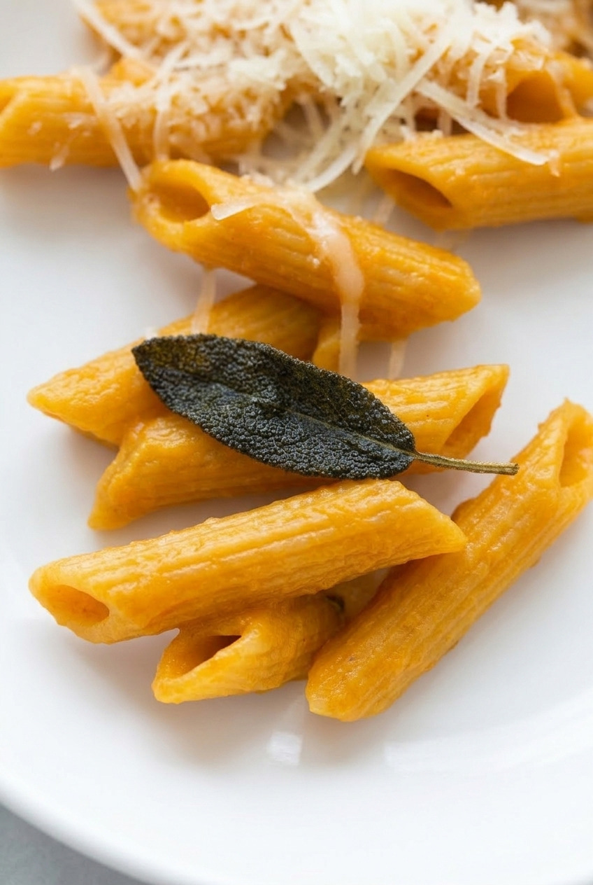 creamy roasted sweet potato pasta sauce with penne close up