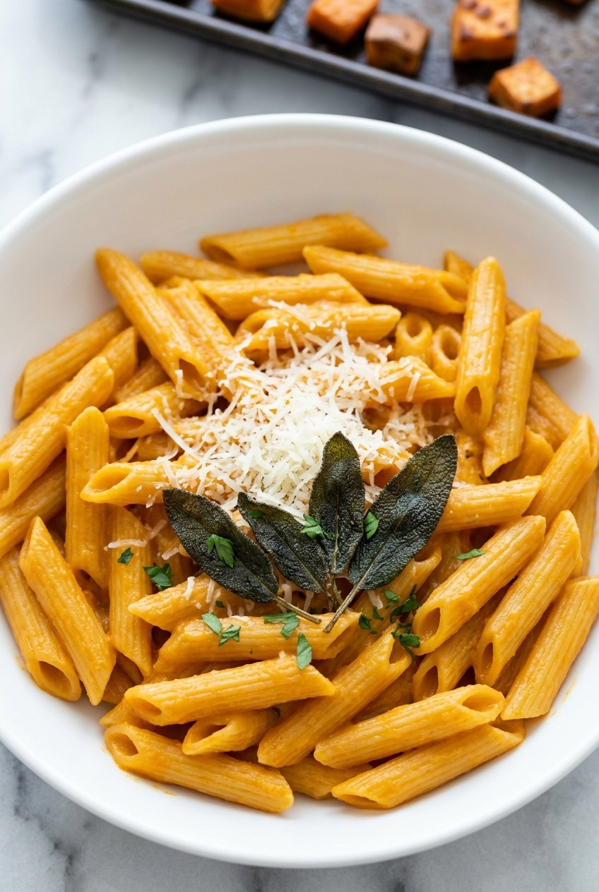 creamy roasted sweet potato pasta sauce with penne