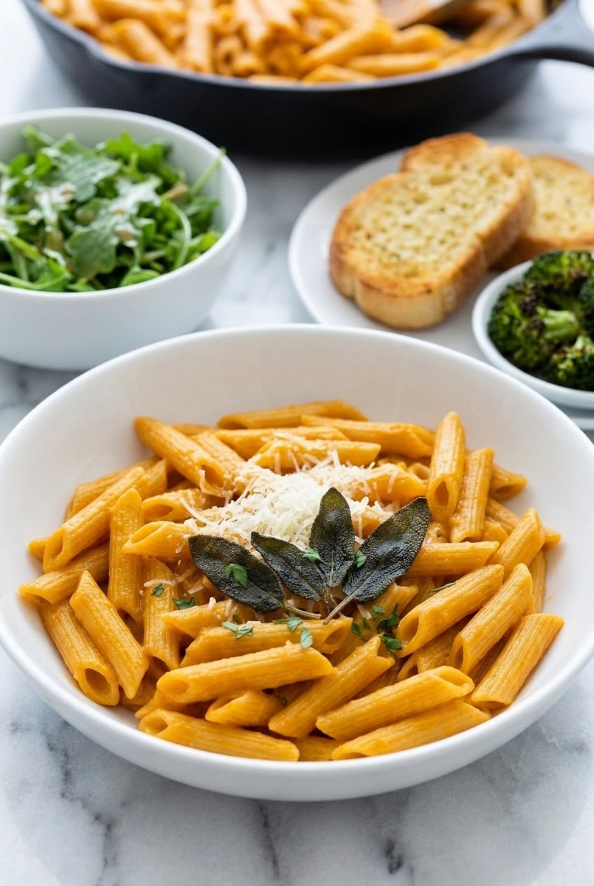 creamy roasted sweet potato pasta sauce with penne complete meal