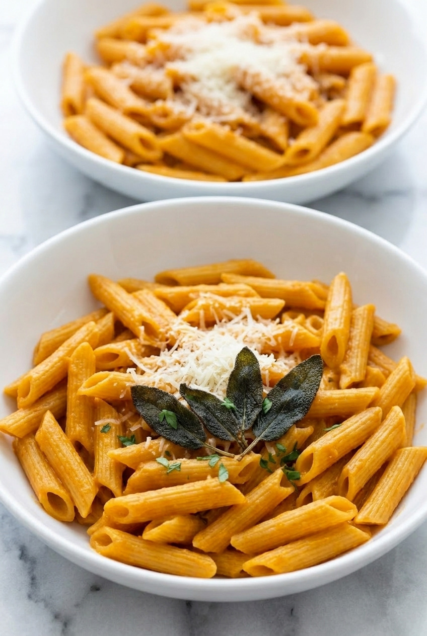 creamy roasted sweet potato pasta sauce with penne dinner scene