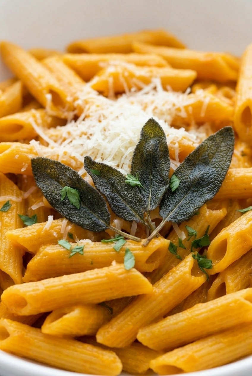 creamy roasted sweet potato pasta sauce with penne side view