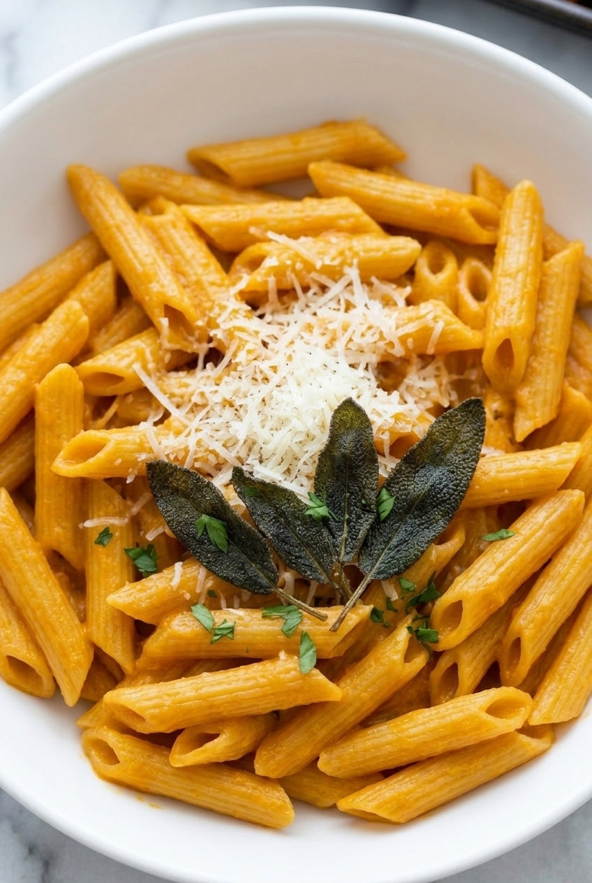 creamy roasted sweet potato pasta sauce with penne served