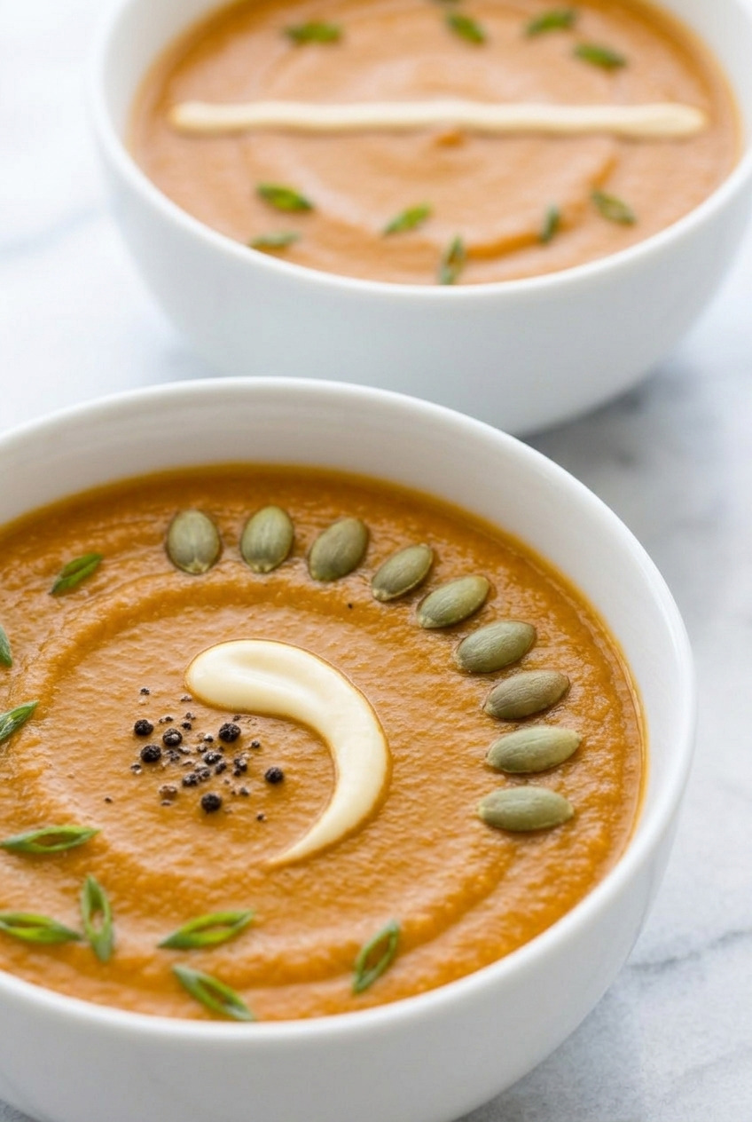 creamy roasted sweet potato soup dinner scene