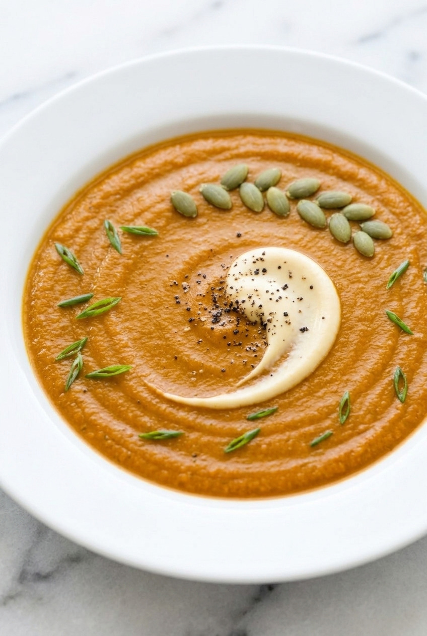 creamy roasted sweet potato soup served