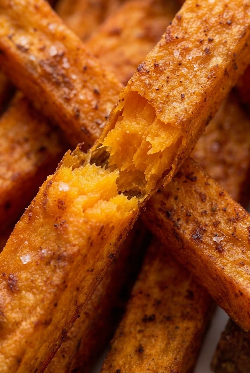 crispy baked sweet potato fries close up