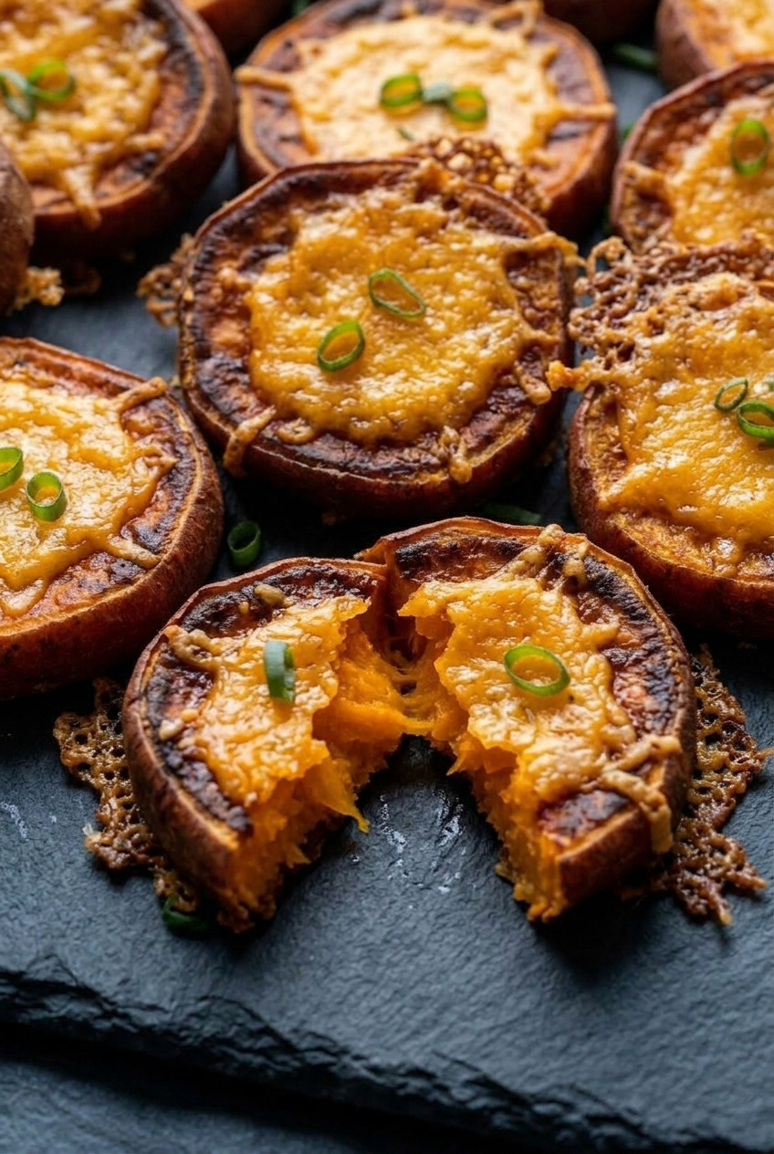crispy cheesy sweet potato bites close up