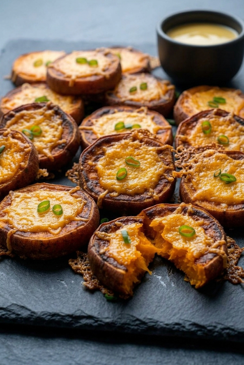crispy cheesy sweet potato bites side view