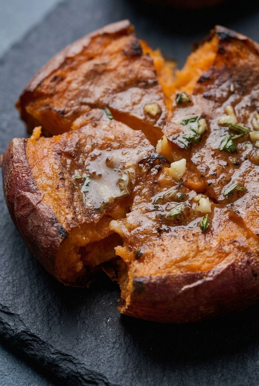crispy smashed sweet potatoes close up